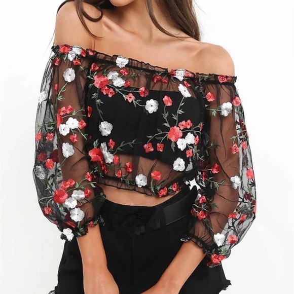 Black Floral Chiffon Sheer Top - Picture 2 of 6